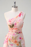 Peach Floral Printed One Shoulder Long Formal Dress