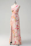 Peach Floral Printed One Shoulder Long Formal Dress