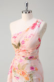 Peach Floral Printed One Shoulder Long Formal Dress