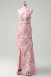 Pink Floral One Shoulder Long Formal Dress With Slit