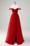 Red A-Line Off the Shoulder Tulle Long Corset Formal Dress with Slit