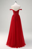 Red A-Line Off the Shoulder Tulle Long Corset Formal Dress with Slit