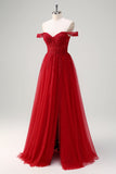 Red A-Line Off the Shoulder Tulle Long Corset Formal Dress with Slit