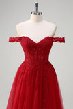 Red A-Line Off the Shoulder Tulle Long Corset Formal Dress with Slit