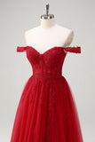 Red A-Line Off the Shoulder Tulle Long Corset Formal Dress with Slit