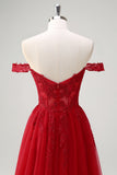 Red A-Line Off the Shoulder Tulle Long Corset Formal Dress with Slit