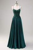 Dark Green A-Line Spaghetti Straps Satin Beaded Long Formal Dress with Appliques