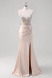 Blush Spaghetti Straps Mermaid Corset Beaded Long Formal Dress