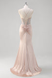 Blush Spaghetti Straps Mermaid Corset Beaded Long Formal Dress