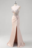 Blush Spaghetti Straps Mermaid Corset Beaded Long Formal Dress