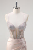 Blush Spaghetti Straps Mermaid Corset Beaded Long Formal Dress