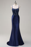 Navy Mermaid Spaghetti Straps Corset Ruched Long Formal Dress With Slit