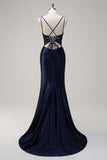 Navy Mermaid Spaghetti Straps Corset Ruched Long Formal Dress With Slit