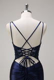 Navy Mermaid Spaghetti Straps Corset Ruched Long Formal Dress With Slit