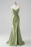 Green Mermaid Spaghetti Straps Pleated Corset Formal Dress