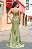 Mermaid Green Corset Spaghetti Straps Pleated Formal Dress