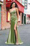 Mermaid Green Corset Spaghetti Straps Pleated Formal Dress