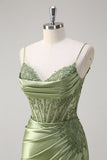 Green Mermaid Spaghetti Straps Pleated Corset Formal Dress