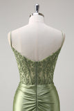 Green Mermaid Spaghetti Straps Pleated Corset Formal Dress