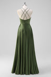 Olive A-Line Spaghetti Straps Ruched Long Satin Bridesmaid Dress