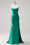 Green Mermaid Strapless Satin Ruched Long Formal Dress with Slit