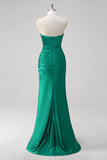 Green Mermaid Strapless Satin Ruched Long Formal Dress with Slit