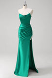 Green Mermaid Strapless Satin Ruched Long Formal Dress with Slit