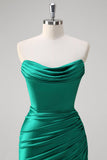 Green Mermaid Strapless Satin Ruched Long Formal Dress with Slit