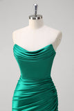 Green Mermaid Strapless Satin Ruched Long Formal Dress with Slit