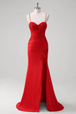 Red Spaghetti Straps Mermaid Satin Long Corset Formal Dress with Appliques