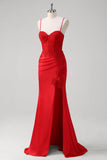 Red Spaghetti Straps Mermaid Satin Long Corset Formal Dress with Appliques