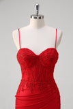 Red Spaghetti Straps Mermaid Satin Long Corset Formal Dress with Appliques