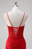 Red Spaghetti Straps Mermaid Satin Long Corset Formal Dress with Appliques