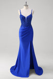 Sparkly Royal Blue Mermaid Spaghetti Straps Long Corset Formal Dress with Appliques