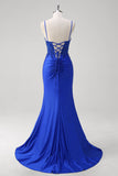 Sparkly Royal Blue Mermaid Spaghetti Straps Long Corset Formal Dress with Appliques