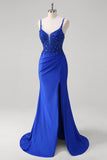 Sparkly Royal Blue Mermaid Spaghetti Straps Long Corset Formal Dress with Appliques