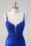 Sparkly Royal Blue Mermaid Spaghetti Straps Long Corset Formal Dress with Appliques