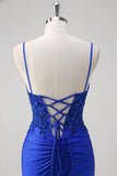 Sparkly Royal Blue Mermaid Spaghetti Straps Long Corset Formal Dress with Appliques