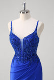 Sparkly Royal Blue Mermaid Spaghetti Straps Long Corset Formal Dress with Appliques