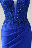 Sparkly Royal Blue Mermaid Spaghetti Straps Long Corset Formal Dress with Appliques