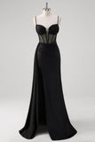 Black Spaghetti Straps Satin Mermaid Long Corset Formal Dress with Slit