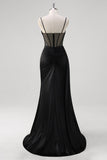 Black Spaghetti Straps Satin Mermaid Long Corset Formal Dress with Slit