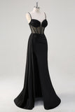 Black Spaghetti Straps Satin Mermaid Long Corset Formal Dress with Slit