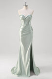 Matcha Mermaid Sweetheart Satin Ruched Long Corset Formal Dress with Slit