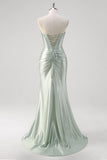 Matcha Mermaid Sweetheart Satin Ruched Long Corset Formal Dress with Slit