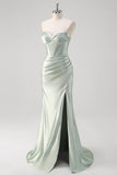 Matcha Mermaid Sweetheart Satin Ruched Long Corset Formal Dress with Slit