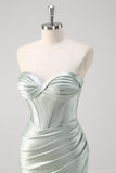 Matcha Mermaid Sweetheart Satin Ruched Long Corset Formal Dress with Slit