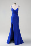 Glitter Royal Blue Mermaid Spaghetti Straps Ruched Long Formal Dress With Slit