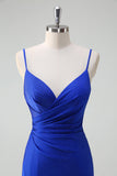 Glitter Royal Blue Mermaid Spaghetti Straps Ruched Long Formal Dress With Slit