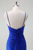 Glitter Royal Blue Mermaid Spaghetti Straps Ruched Long Formal Dress With Slit